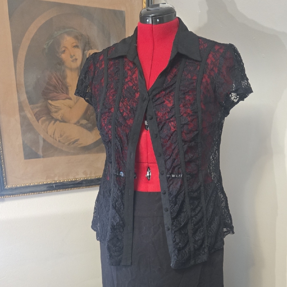 Ricki's size 14 Sheer Lace Button Up with Short Sleeves and visible Seams